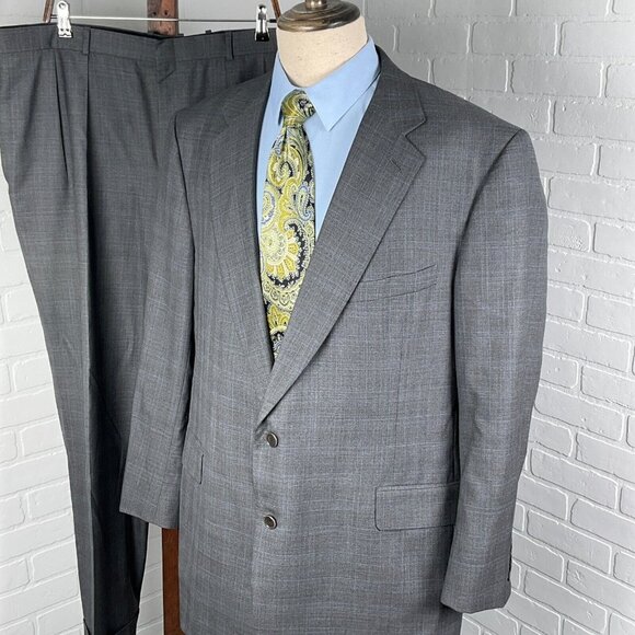 Joseph Scafidi Suit Men 49/42W x 30L Gray Blue Plaid Bespoke Classic USA VTG - Picture 1 of 16